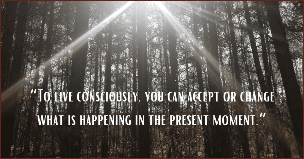 Image of sun rays beaming down with the phrase, "To live consciously, you can accept or change what is happening in the present moment."