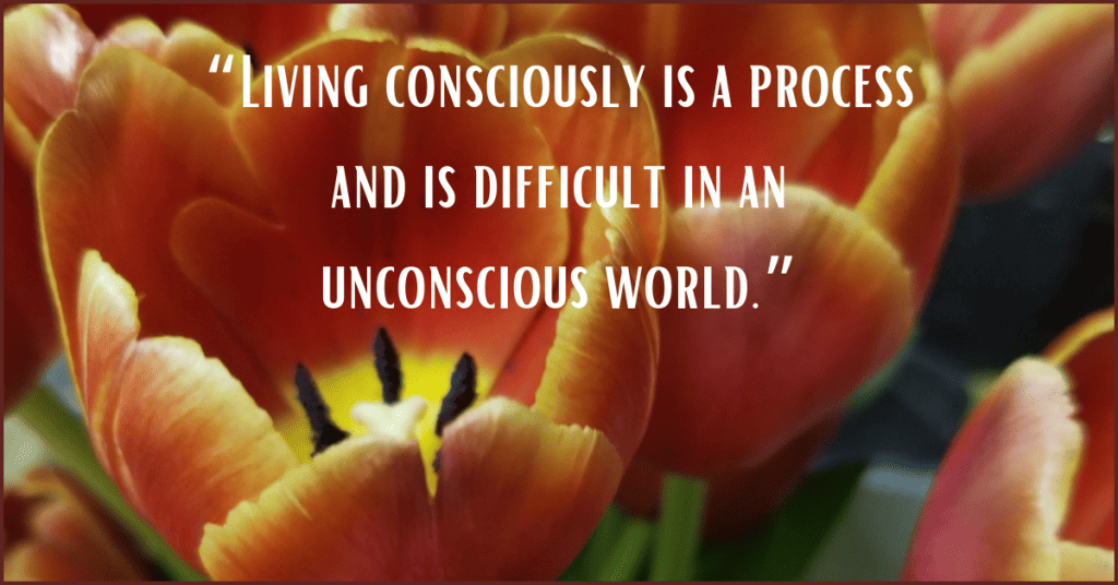 Image of tulips with the phrase, "Living consciously is a process and is difficult in an unconscious world."