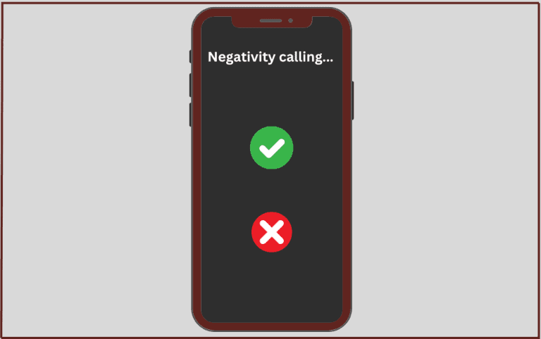 Cell phone with "negativity calling..." and accept or decline buttons to represent the ability to decline negativity for positive affirmations for motivation.