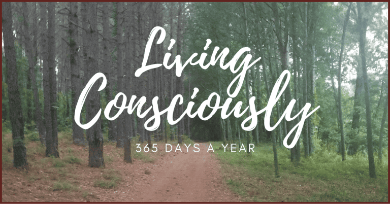 Image of a path in a forest with the phrase, "Living Consciously 365 Days a Year."